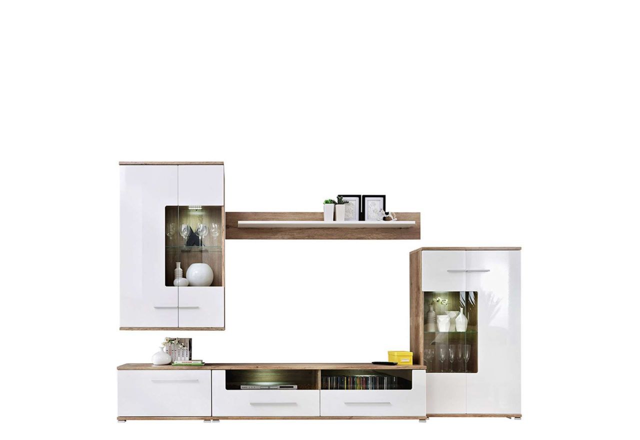 Meblościanka do kącika telewizyjnego, do salonu, z oświetleniem LED i frontami w połysku - KASHMIR Biały połysk / Dąb Monument