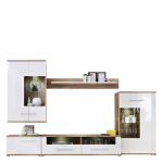 Meblościanka do kącika telewizyjnego, do salonu, z oświetleniem LED i frontami w połysku - KASHMIR Biały połysk / Dąb Monument