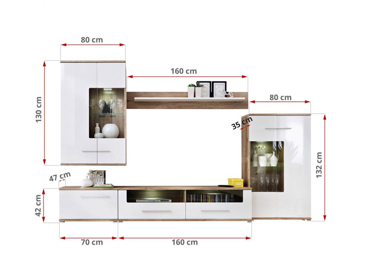 Meblościanka do kącika telewizyjnego, do salonu, z oświetleniem LED i frontami w połysku - KASHMIR Biały połysk / Dąb Monument
