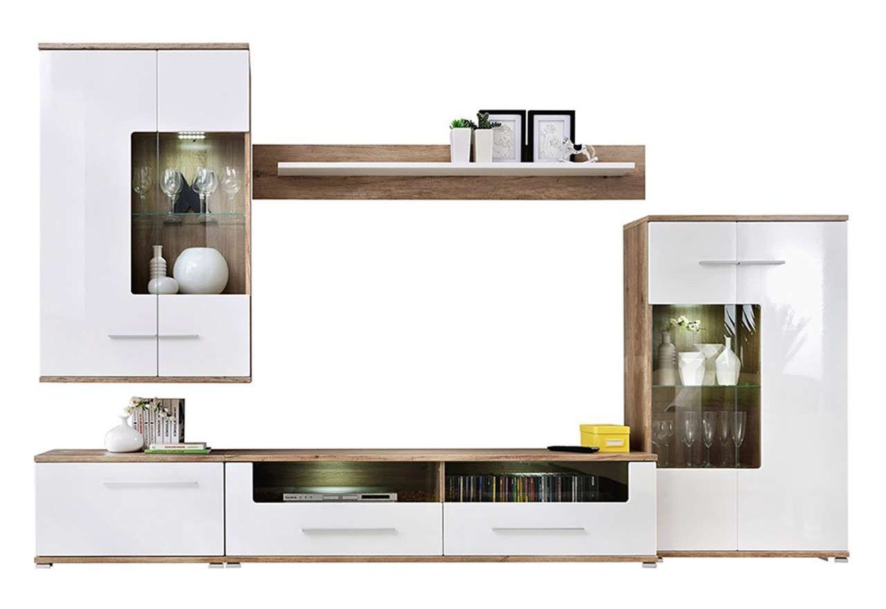 Meblościanka do kącika telewizyjnego, do salonu, z oświetleniem LED i frontami w połysku - KASHMIR Biały połysk / Dąb Monument