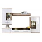 Meblościanka do kącika telewizyjnego, do salonu, z oświetleniem LED i frontami w połysku - KASHMIR Biały połysk / Dąb Monument