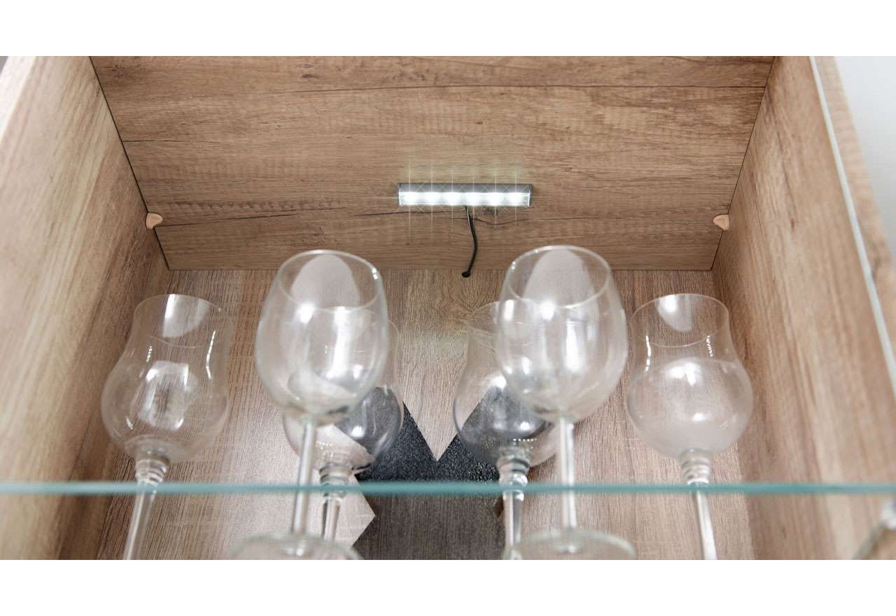 Meblościanka do kącika telewizyjnego, do salonu, z oświetleniem LED i frontami w połysku - KASHMIR Biały połysk / Dąb Monument