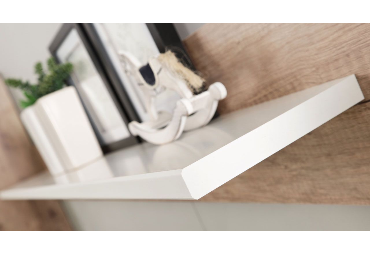 Meblościanka do kącika telewizyjnego, do salonu, z oświetleniem LED i frontami w połysku - KASHMIR Biały połysk / Dąb Monument