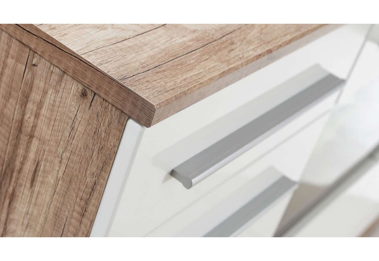 Meblościanka do kącika telewizyjnego, do salonu, z oświetleniem LED i frontami w połysku - KASHMIR Biały połysk / Dąb Monument