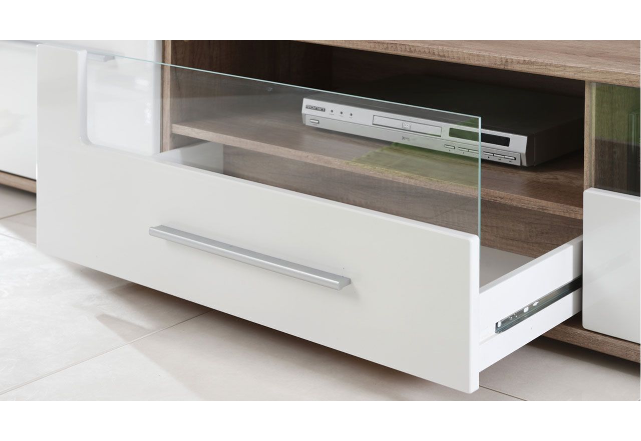 Meblościanka do kącika telewizyjnego, do salonu, z oświetleniem LED i frontami w połysku - KASHMIR Biały połysk / Dąb Monument