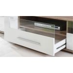 Meblościanka do kącika telewizyjnego, do salonu, z oświetleniem LED i frontami w połysku - KASHMIR Biały połysk / Dąb Monument