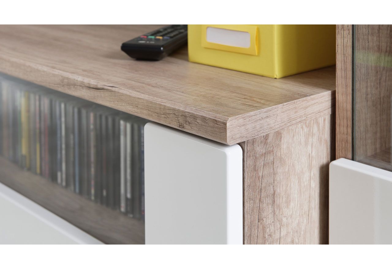 Meblościanka do kącika telewizyjnego, do salonu, z oświetleniem LED i frontami w połysku - KASHMIR Biały połysk / Dąb Monument