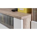 Meblościanka do kącika telewizyjnego, do salonu, z oświetleniem LED i frontami w połysku - KASHMIR Biały połysk / Dąb Monument