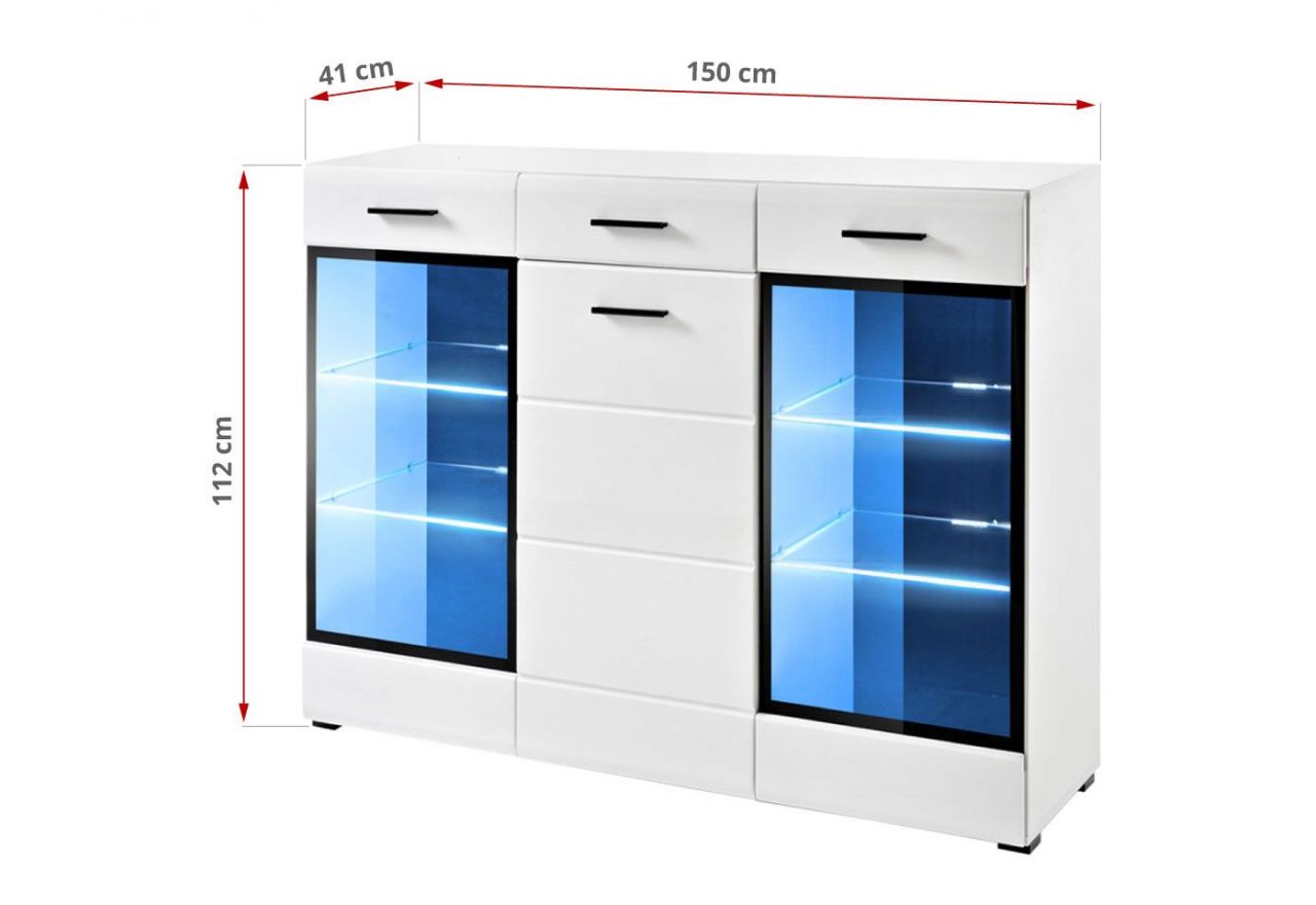 Przeszklona komoda 150 cm z szufladą i czarnymi uchwytami do salonu - LIGHT HB Biały połysk / Biały mat