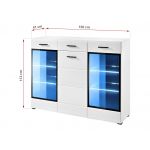 Przeszklona komoda 150 cm z szufladą i czarnymi uchwytami do salonu - LIGHT HB Biały połysk / Biały mat