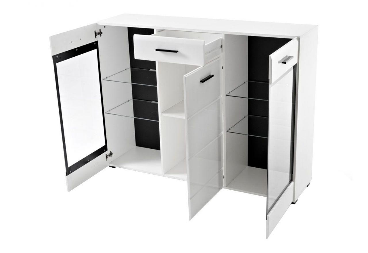 Przeszklona komoda 150 cm z szufladą i czarnymi uchwytami do salonu - LIGHT HB Biały połysk / Biały mat