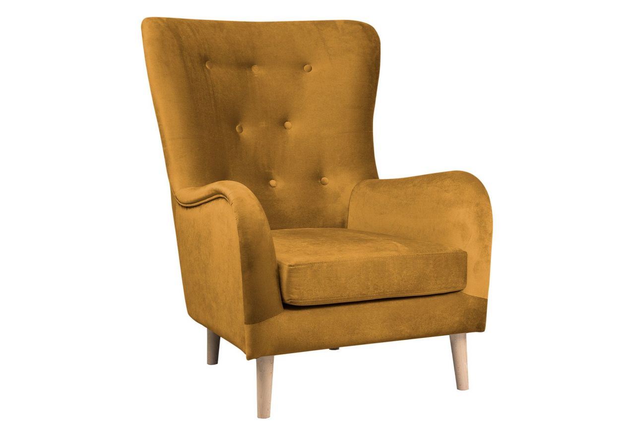 Elegancki fotel w skandynawskim stylu do salonu lub pokoju dziennego MALBY na drewnianych nogach