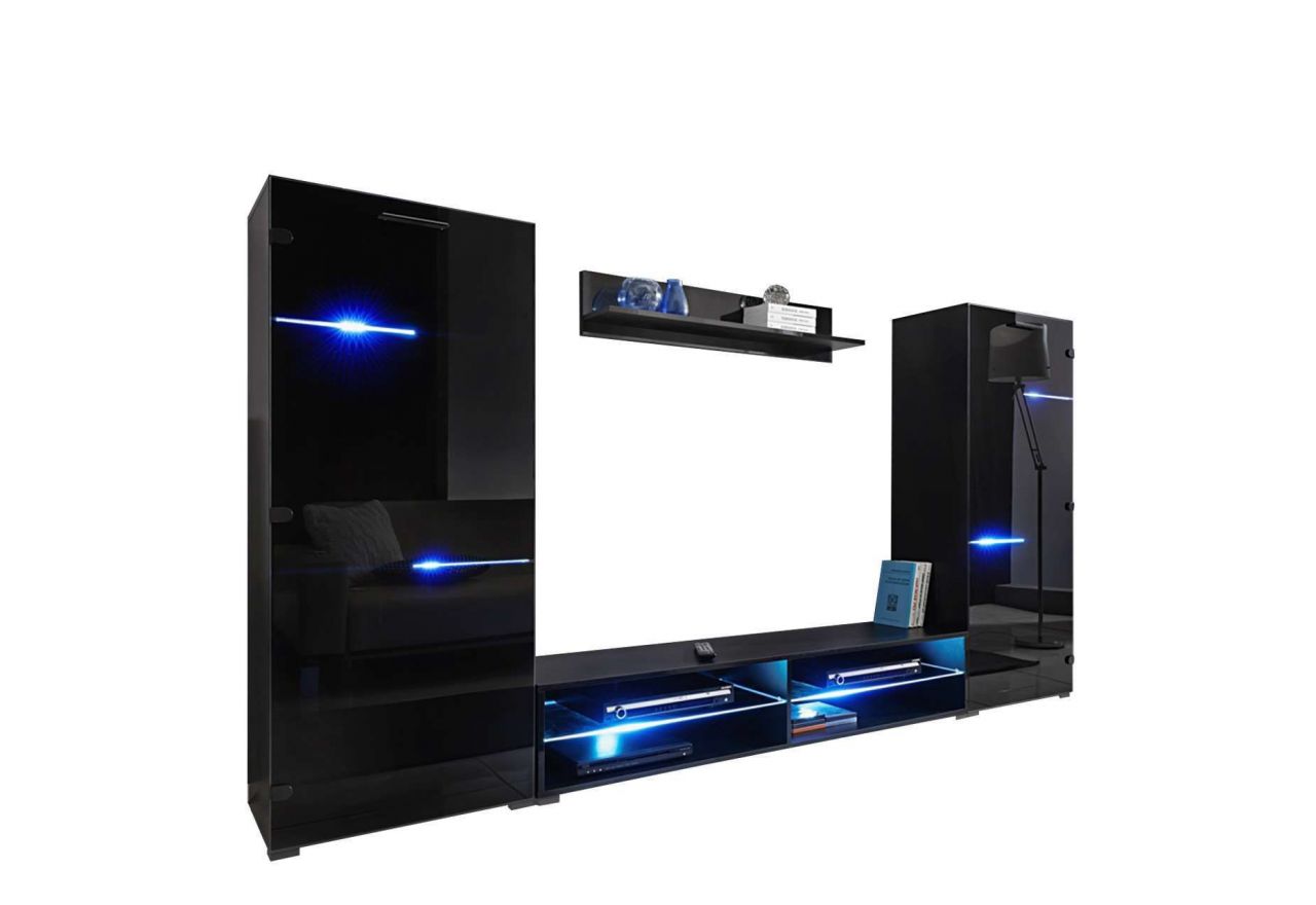 Luksusowa, czarna meblościanka z frontami w szkle, z oświetleniem LED RGB do salonu - ZAFIRO Czarne szkło / Czarny mat