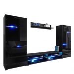 Luksusowa, czarna meblościanka z frontami w szkle, z oświetleniem LED RGB do salonu - ZAFIRO Czarne szkło / Czarny mat