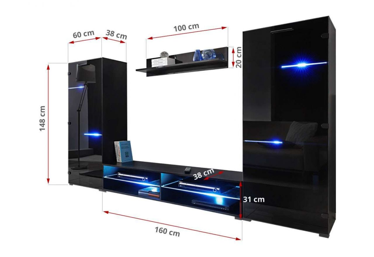 Luksusowa, czarna meblościanka z frontami w szkle, z oświetleniem LED RGB do salonu - ZAFIRO Czarne szkło / Czarny mat