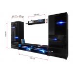 Luksusowa, czarna meblościanka z frontami w szkle, z oświetleniem LED RGB do salonu - ZAFIRO Czarne szkło / Czarny mat