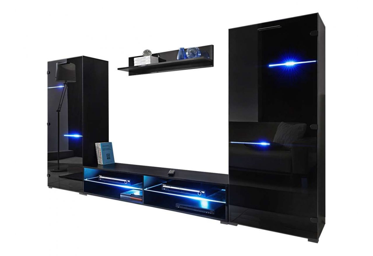 Luksusowa, czarna meblościanka z frontami w szkle, z oświetleniem LED RGB do salonu - ZAFIRO Czarne szkło / Czarny mat