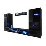 Luksusowa, czarna meblościanka z frontami w szkle, z oświetleniem LED RGB do salonu - ZAFIRO Czarne szkło / Czarny mat