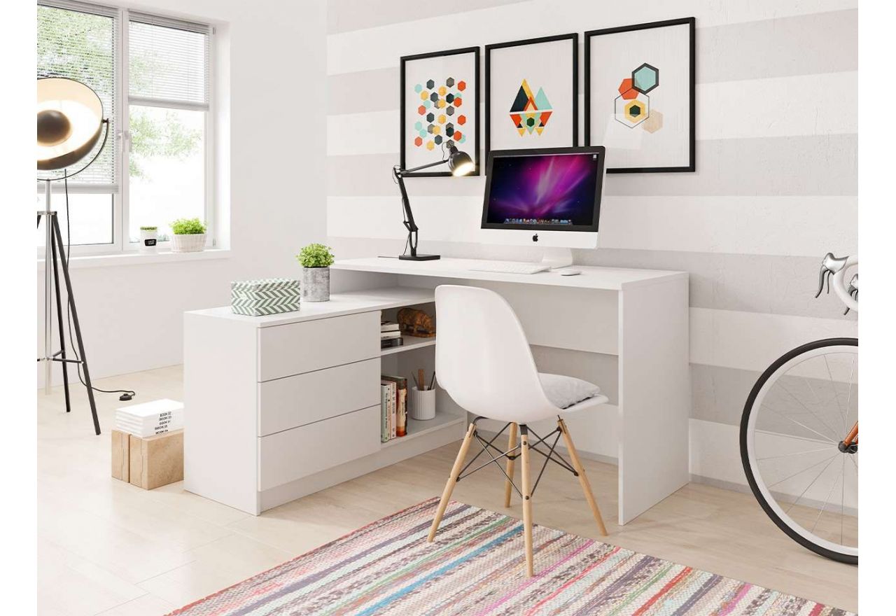 Praktyczne biurko narożne w nowoczesnym stylu z szufladami, uniwersalne - TINEO / Biały