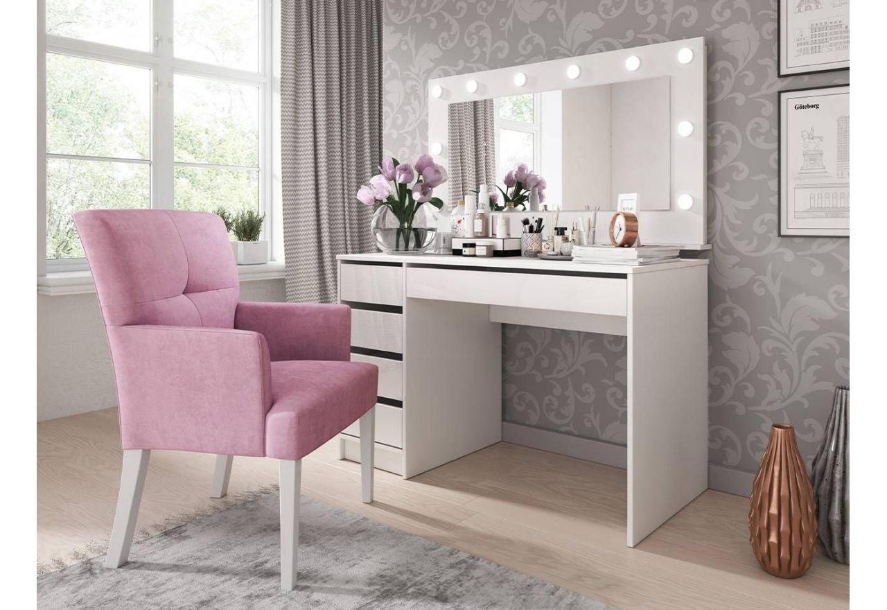 Eleganckie, praktyczne biurko, toaletka z lustrem LED do pokoju i sypialni - SUSANA / Biały połysk