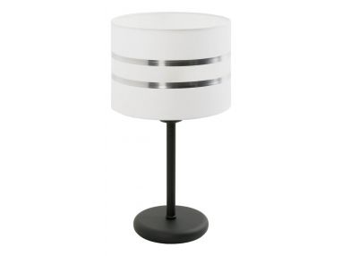 Elegancka lampa stołowa FABINIO z mlecznym kloszem ozdobionym srebrnymi pasami