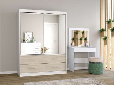 Dwudrzwiowa szafa przesuwna z szufladami 120 cm z lustrem na frontach, do sypialni - ABRA Biały / Dąb Sonoma