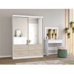 Dwudrzwiowa szafa przesuwna z szufladami 120 cm z lustrem na frontach, do sypialni - ABRA Biały / Dąb Sonoma