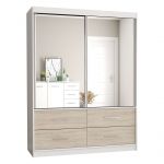 Dwudrzwiowa szafa przesuwna z szufladami 120 cm z lustrem na frontach, do sypialni - ABRA Biały / Dąb Sonoma