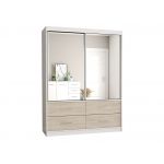 Dwudrzwiowa szafa przesuwna z szufladami 120 cm z lustrem na frontach, do sypialni - ABRA Biały / Dąb Sonoma