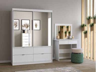 Biała, przesuwna szafa z lustrem 120 cm z szufladami do sypialni - ABRA