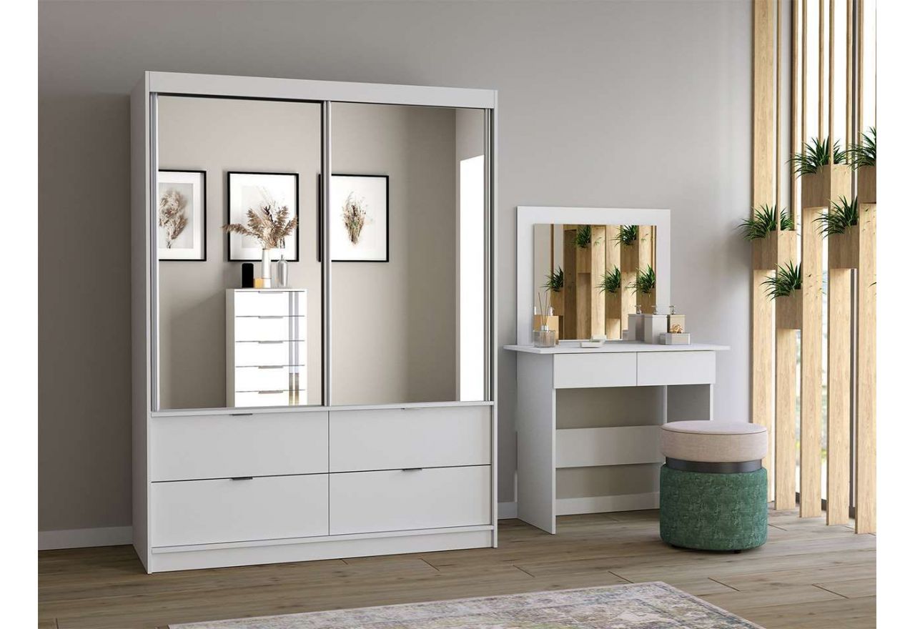 Biała, przesuwna szafa z lustrem 120 cm z szufladami do sypialni - ABRA