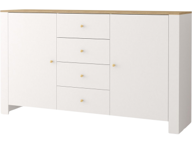 Pojemna i praktyczna, biała komoda 160 cm z szufladami do salonu i jadalni - NAWADO II Biały / Dąb Hikora