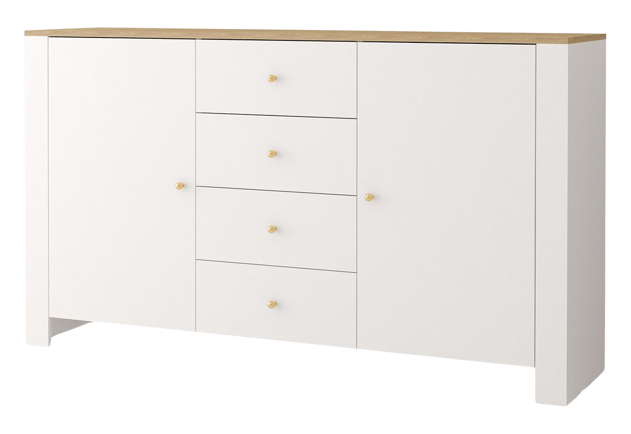 Pojemna i praktyczna, biała komoda 160 cm z szufladami do salonu i jadalni - NAWADO II Biały / Dąb Hikora