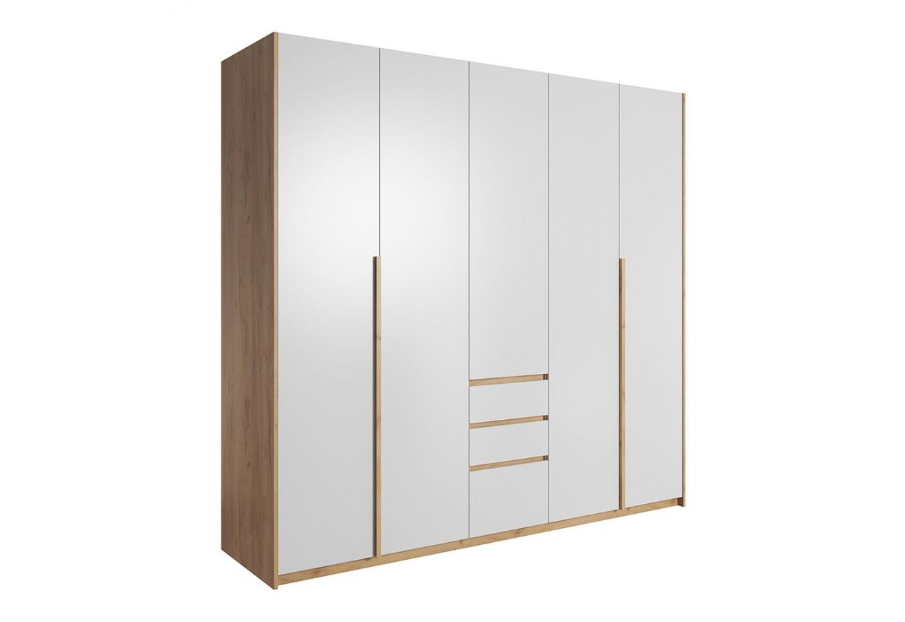 Nowoczesna szafa z harmonijkowymi drzwiami i opcją LED do sypialni - COMISO / Biały Mat / Dąb Craft Złoty