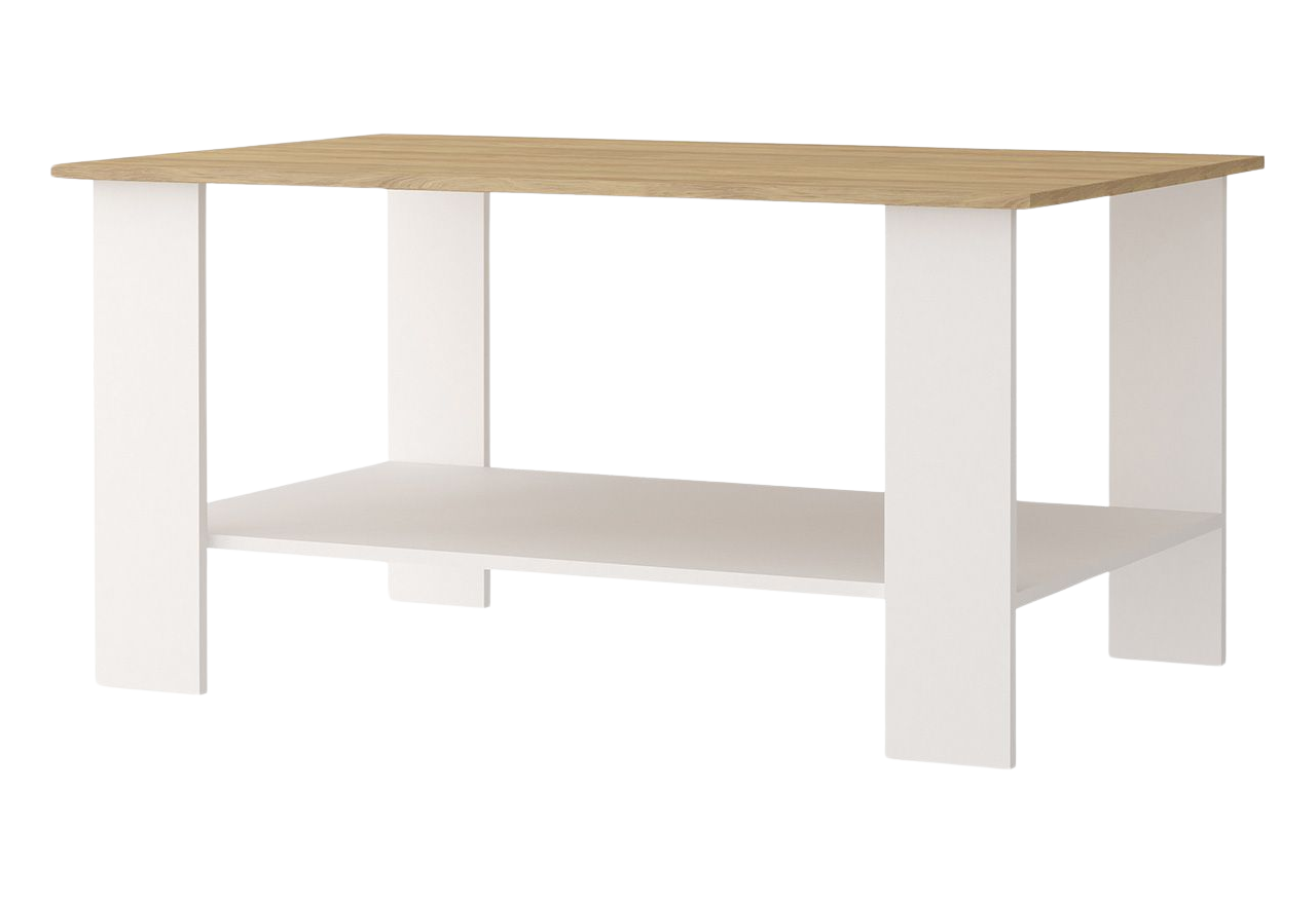 Praktyczny, biały stolik kawowy z dodatkowym blatem pod spodem - NAWADO II Biały / Dąb Hikora