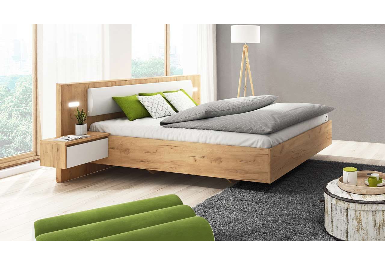 Nowoczesne łóżko dwuosobowe 160x200 ze stolikami nocnymi i oświetleniem LED do sypialni - COMISO / Biały Mat / Dąb Craft Złoty