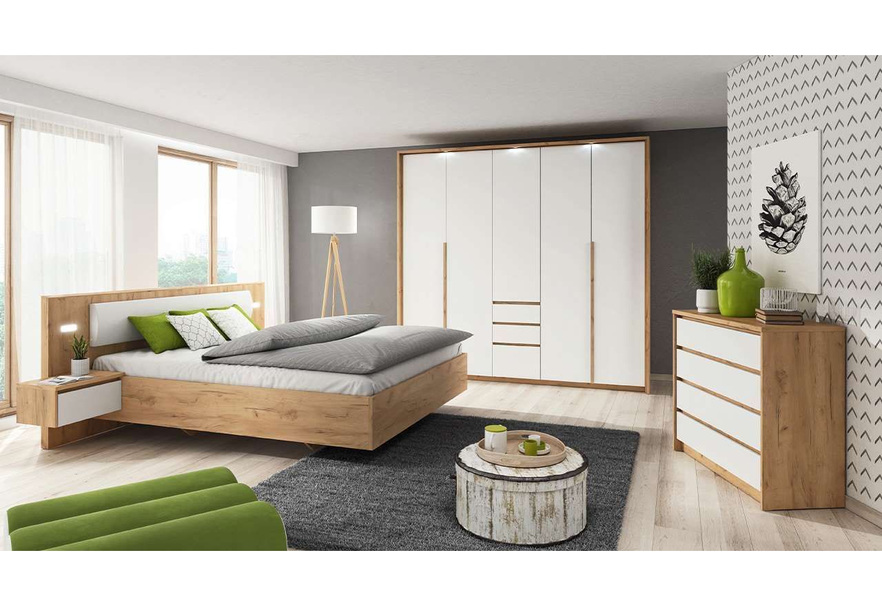 Zestaw mebli do sypialni z szafą, komodą i łóżkiem 160x200 w nowoczesnym stylu - COMISO / Biały Mat / Dąb Craft Złoty