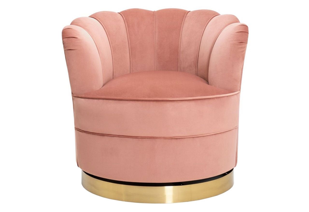 Ciemnoróżowy fotel muszelka SILVANO z elegancką złotą podstawą obrotową