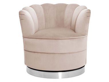 Elegancki fotel obrotowy typu muszelka SILVANO w beżowej tapicerce i na srebrnej podstawie