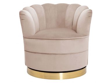 Designerski beżowo-złoty fotel muszelka w stylu glamour do nowoczesnego salonu SILVANO obrotowy