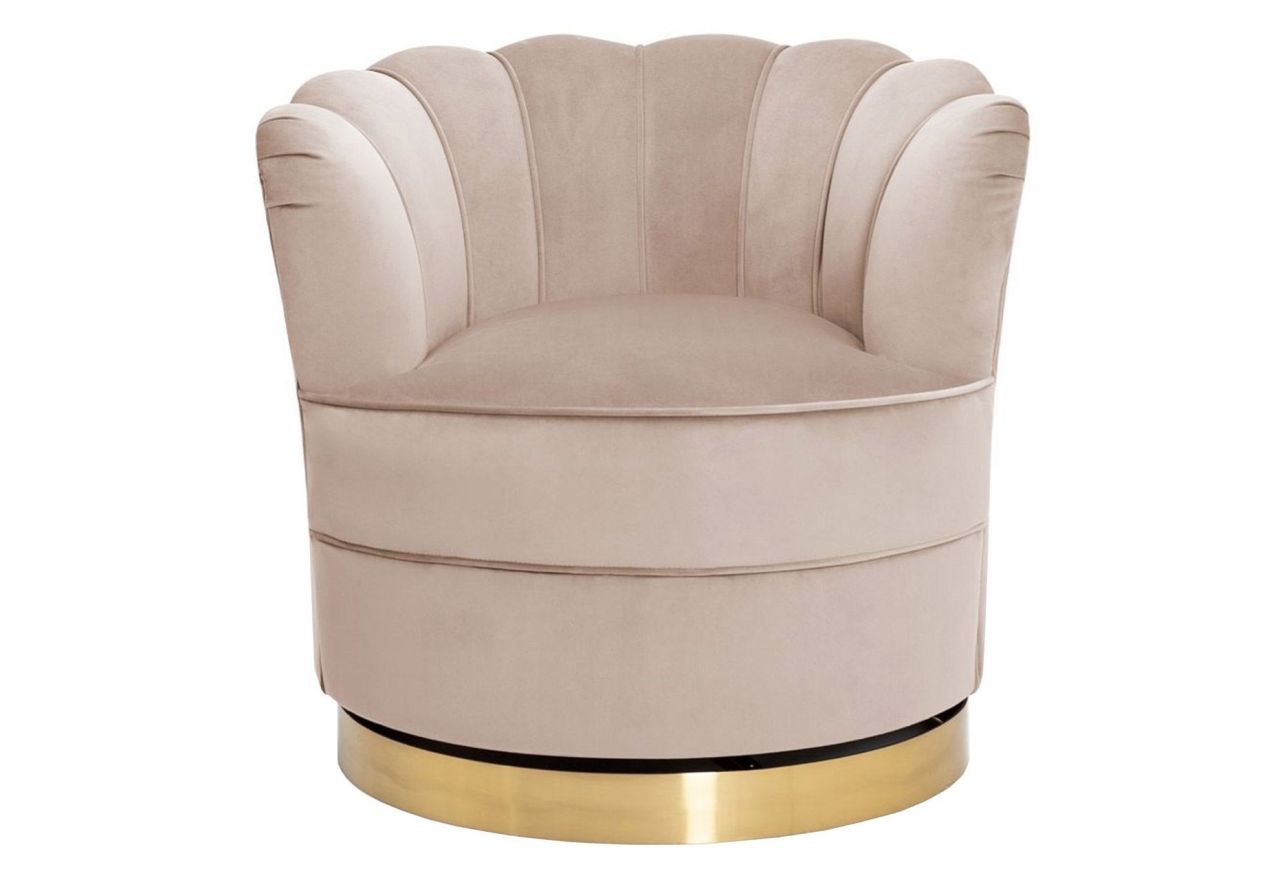 Designerski beżowo-złoty fotel muszelka w stylu glamour do nowoczesnego salonu SILVANO obrotowy