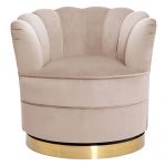 Designerski beżowo-złoty fotel muszelka w stylu glamour do nowoczesnego salonu SILVANO obrotowy