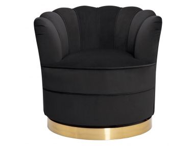 Stylowy fotel glamour muszelkowy SILVANO czarny ze złotą obrotową podstawą