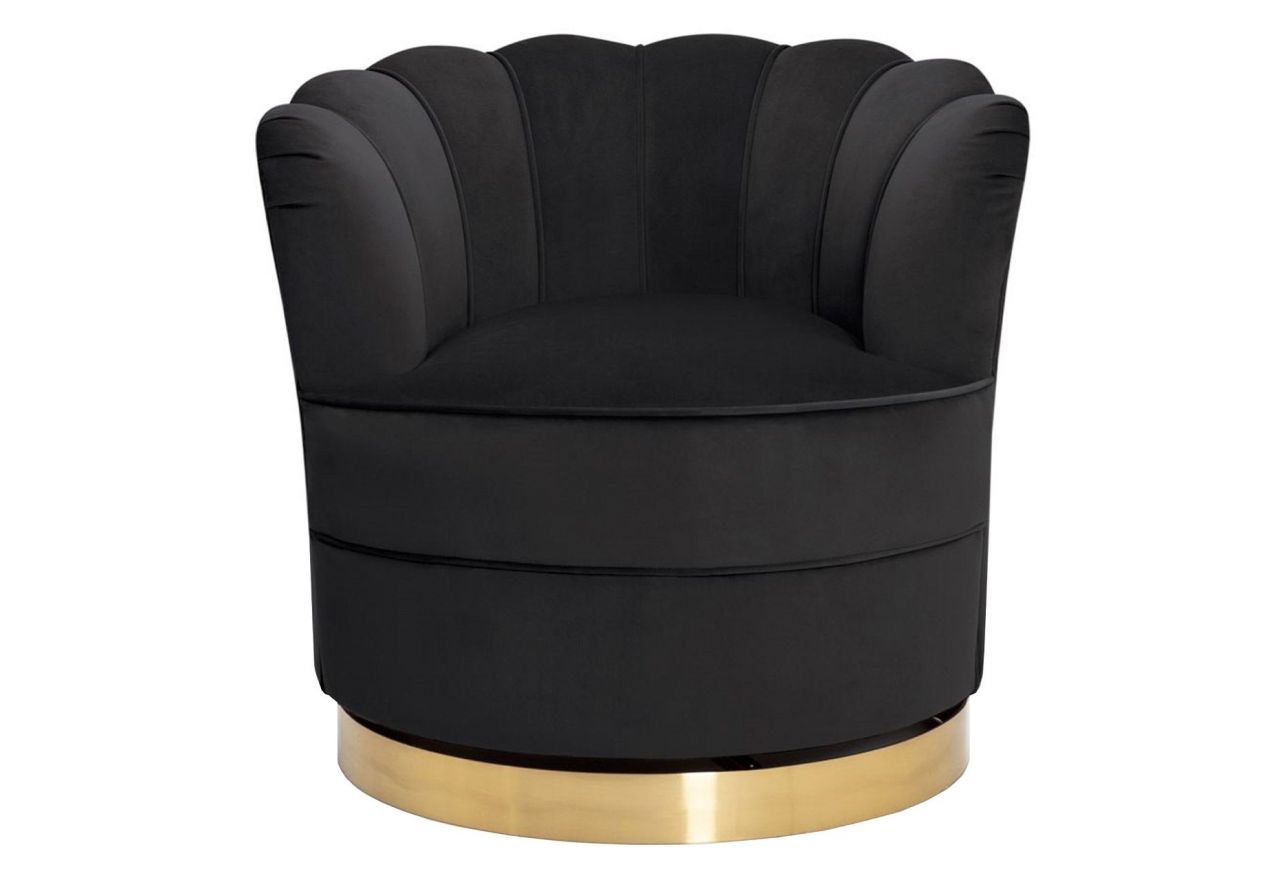 Stylowy fotel glamour muszelkowy SILVANO czarny ze złotą obrotową podstawą