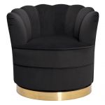 Stylowy fotel glamour muszelkowy SILVANO czarny ze złotą obrotową podstawą