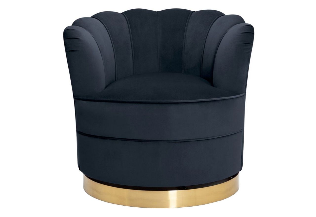 Piękny granatowy fotel muszelkowy o fantazyjnym kształcie oparcia i obrotowej złotej podstawie SILVANO