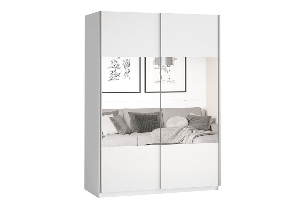 Praktyczna przesuwna szafa dwudrzwiowa 120 cm z lustrem do sypialni, garderoby - JOTA Biały - Lustra / Biały