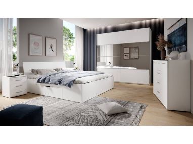 Zestaw mebli do sypialni w nowoczesnym stylu z komodą, stolikami nocnymi, szafą i łóżkiem  JOTA - Biały / Biały