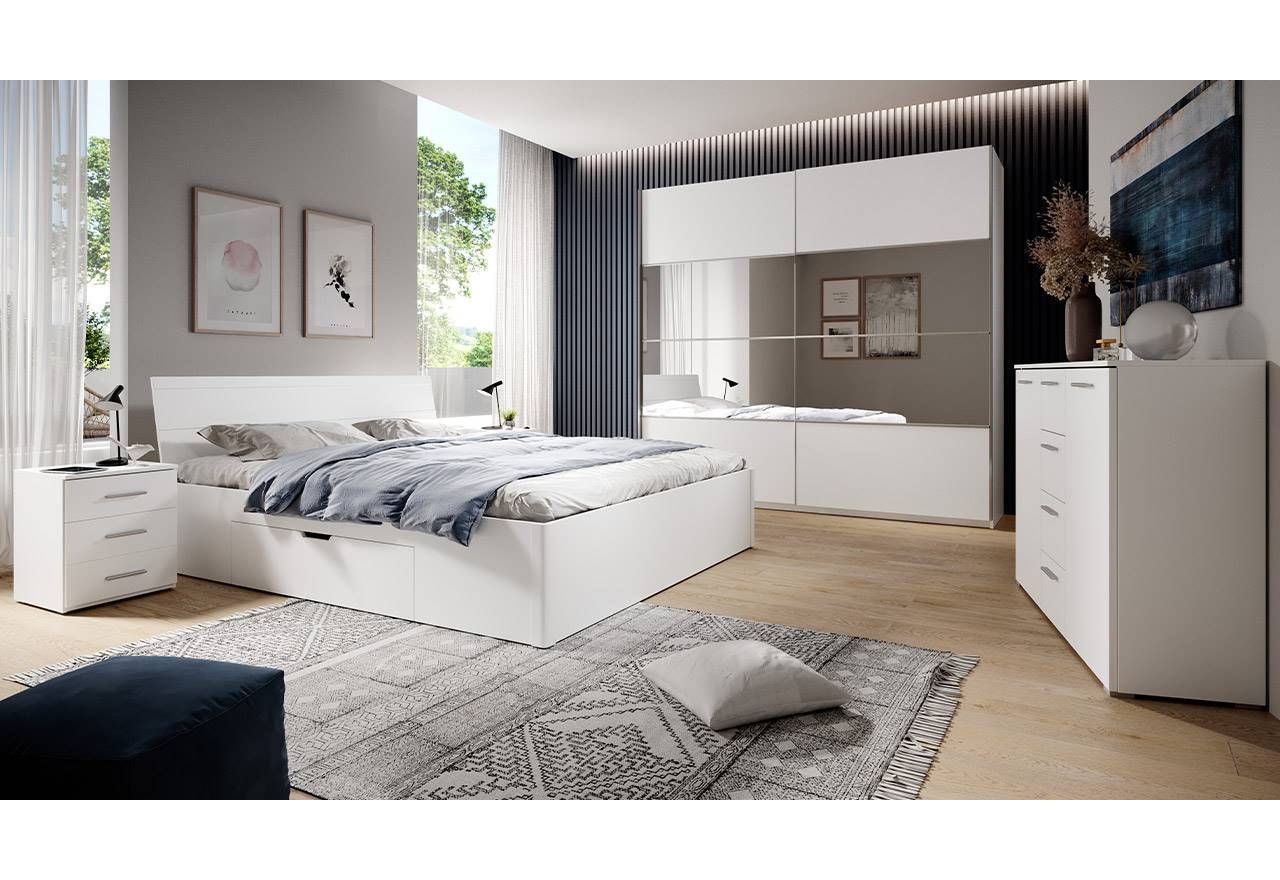 Zestaw mebli do sypialni w nowoczesnym stylu z komodą, stolikami nocnymi, szafą i łóżkiem  JOTA - Biały / Biały