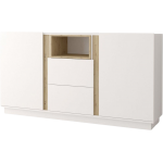 Biała komoda 180 cm z szufladami i szafkami, idealna do salonu - ESPEN Biały mat / Dąb Artisan